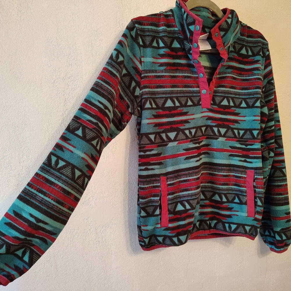 Cinch Southwest Aztec Fleece Pullover Women’s Sm Teal Green Maroon Western Y2K